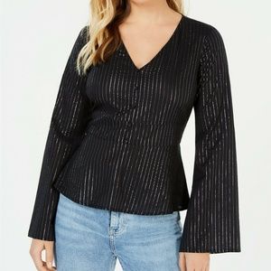 Love, Fire Juniors Metallic-Stripe Bell-Sleeve Top